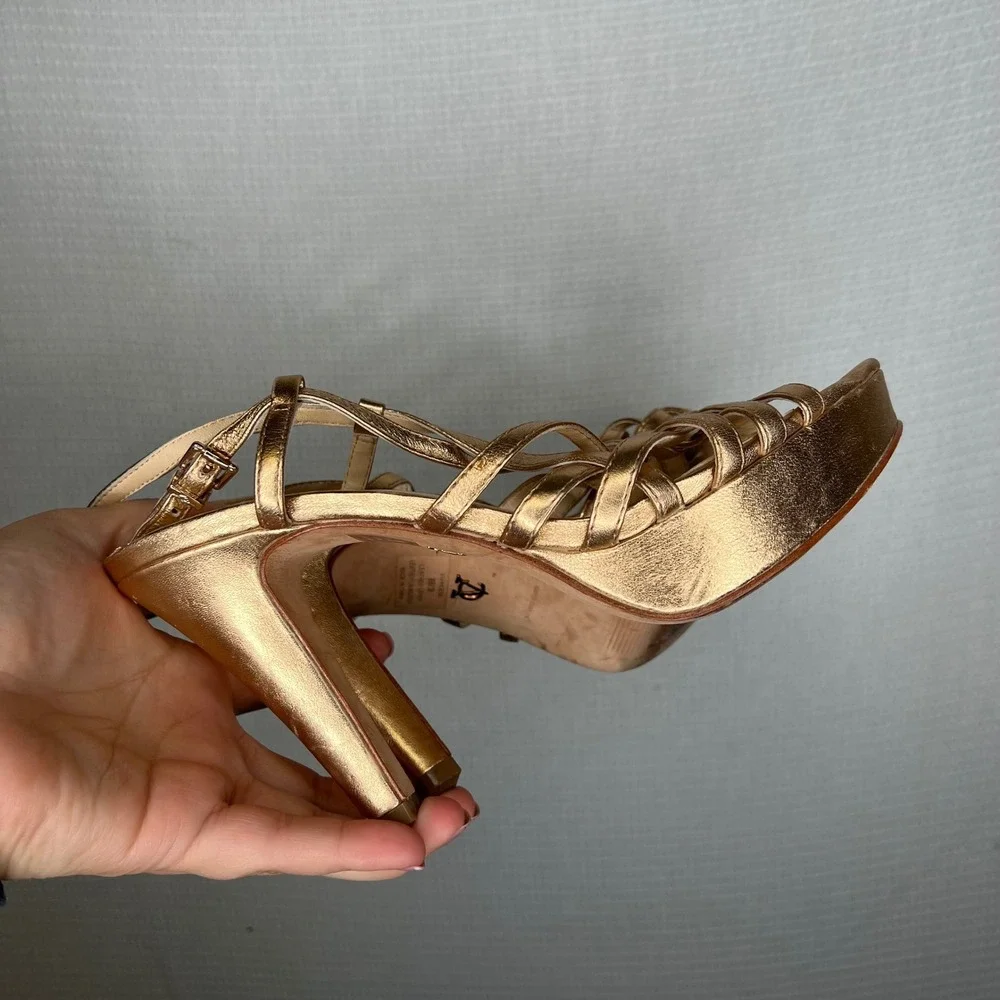 Vince Camino VC Signature Metallic Gold Strappy‎ Heels Toe Ankle Strap Sz 8 / 38